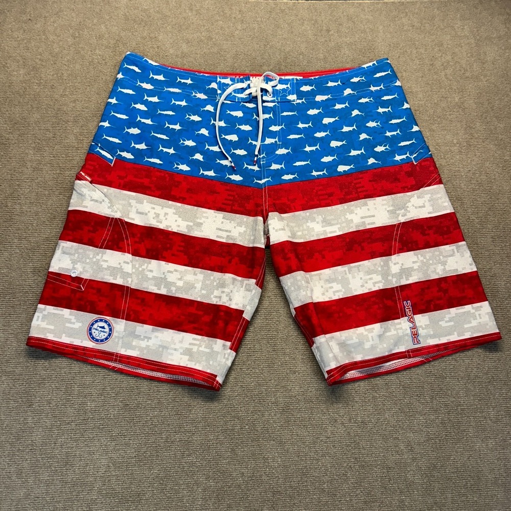 Pelagic Sharkskin Board Shorts Men's 40 Cargo USA Flag Fish Stripes Digital Camo